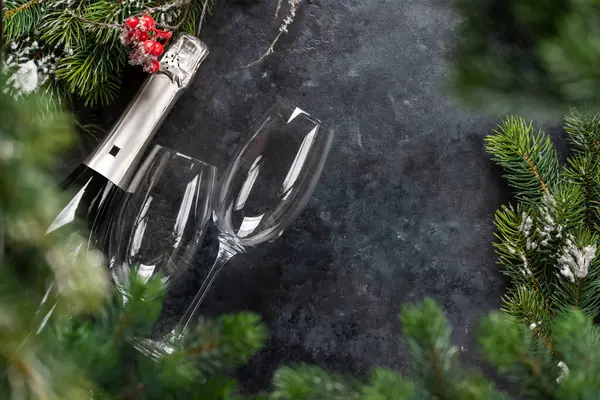 Рождественская Елка Шампанское Квартира Пространством Поздравлений Рождеством — стоковое фото