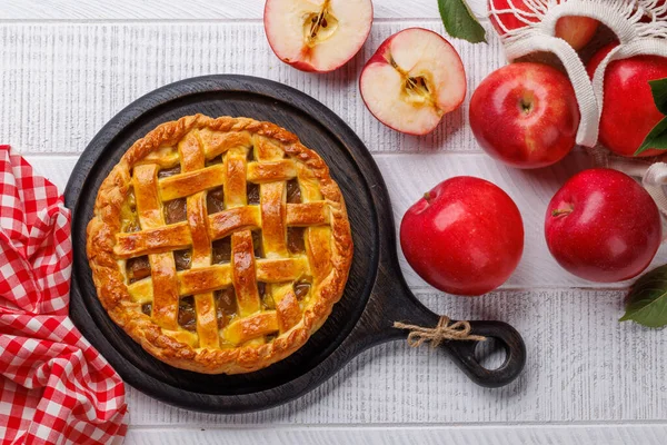 Delicious Apple Pie Fresh Red Apples Flat Lay — Stock Photo, Image