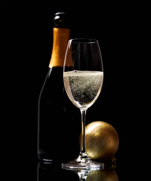 Champagne Glass Bauble Bottle Black Background — Stock Photo, Image