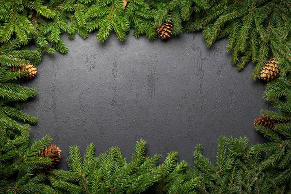 Noel Ağacı Dalının Çerçevesi Taşın Üzerinde Selamlaşma Metni Için Yer — Stok fotoğraf