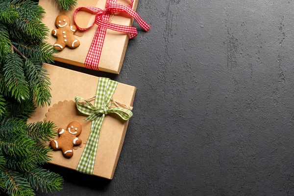 Ramo Abeto Natal Caixas Presente Natal Espaço Para Texto Saudações — Fotografia de Stock