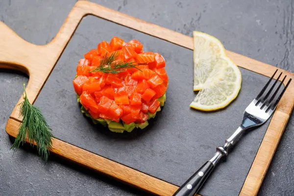 Delicious Salmon Avocado Tartare Board — Stock Photo, Image