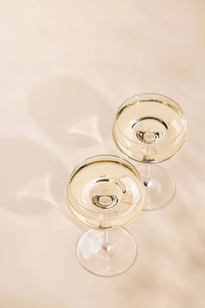 Two Champagne Glasses Beige Background Copy Space — Stock Photo, Image