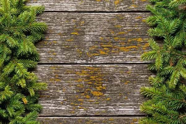 Tannenzweigrahmen Über Holz Mit Platz Für Grußworte Flache Lage — Stockfoto