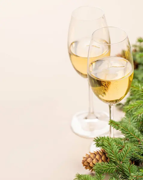 クリスマスモミの木の枝 シャンパンと挨拶テキストのためのスペース — ストック写真