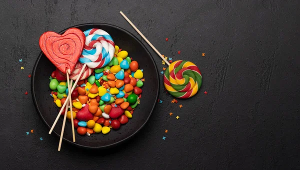 Various Candy Sweets Lollipops Flat Lay Copy Space — Stock Photo, Image