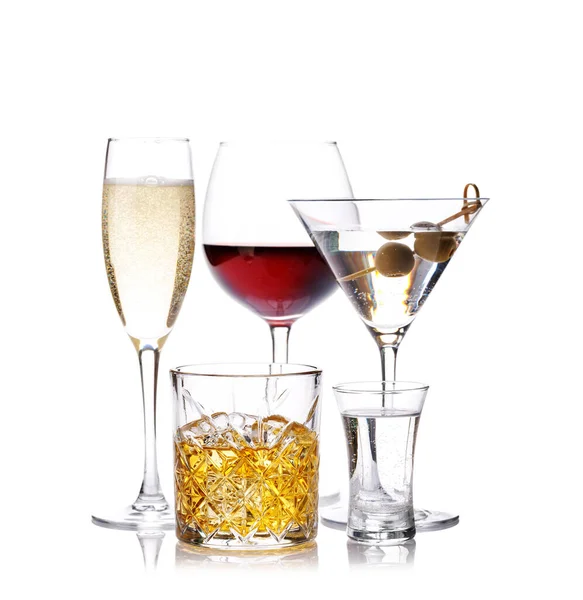Whisky Vin Champagne Cocktails Élégant Séduisant Isolé Sur Fond Blanc — Photo
