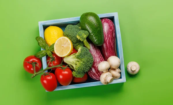 Variety Vegetables Flat Lay Green Background — Stock Photo, Image