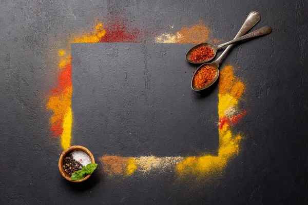 Various Spices Stone Table Frame Copy Space Your Menu Recipe — Stock Photo, Image