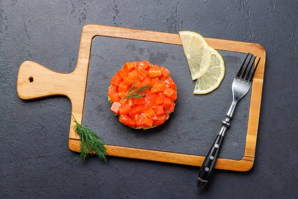 Delicious Salmon Avocado Tartare Board Flat Lay — Stock Photo, Image