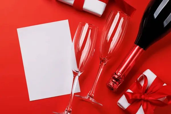 Champagne Gift Celebratory Duo Red Background Text Space Valentines Day — Stock Photo, Image