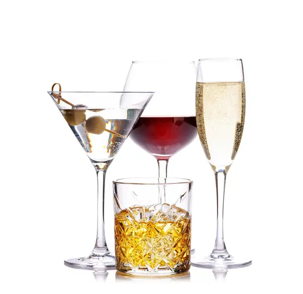 Whisky Vin Champagne Cocktails Élégant Séduisant Isolé Sur Fond Blanc — Photo