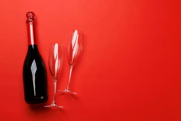 Champagne Glasses Bottle Red Background Text Space Valentines Day Greeting — Stock Photo, Image