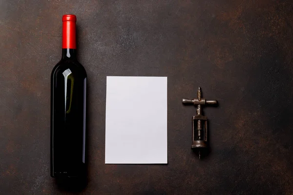 Red Wine Allure Bottle Corkscrew Rustic Stone Copy Space Flat — Stock Photo, Image