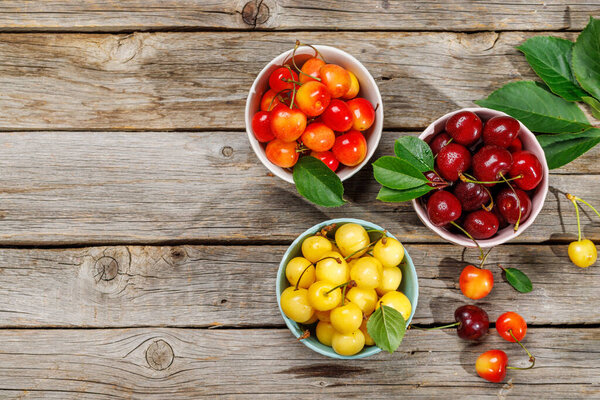 A vibrant and colorful cherry, bursting with sweet juiciness. On sunny outdoor garden table. Flat lay with copy space