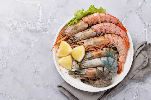 Raw Shrimps Plate Ready Cook Flat Lay Copy Space — Stock Photo, Image