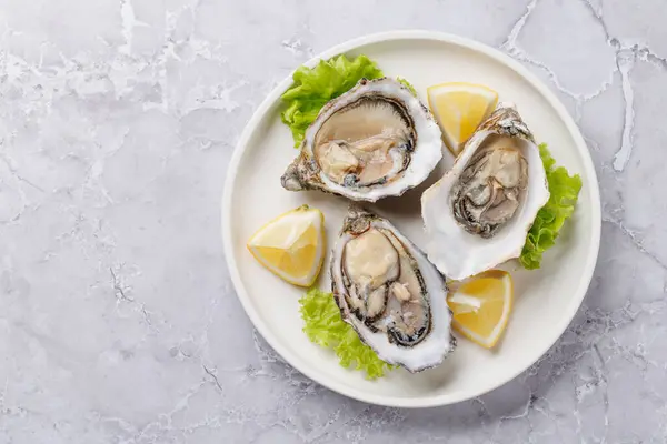 Fresh Oysters Lemon Plate Flat Lay Copy Space Stock Picture