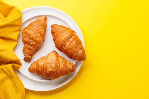 Fresh Croissants Plate Flat Lay Copy Space Stock Photo