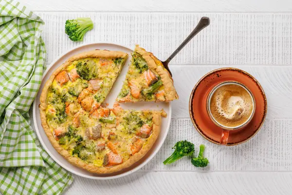 stock image Fresh fish homemade pie with salmon and broccoli. Flat lay