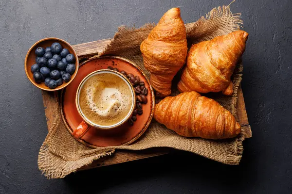 Cappuccino Coffee Fresh Croissants Stone Table Flat Lay Stock Picture