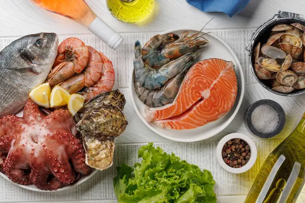 Seafood Platter Delight Shrimps Salmon Oysters Galore Flat Lay Stock Photo