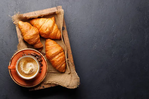 Cappuccino Coffee Fresh Croissants Stone Table Flat Lay Copy Space Royalty Free Stock Images