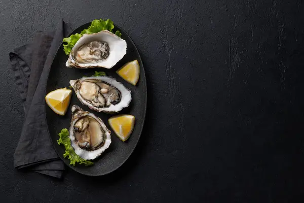 Fresh Oysters Lemon Plate Flat Lay Copy Space Stock Photo