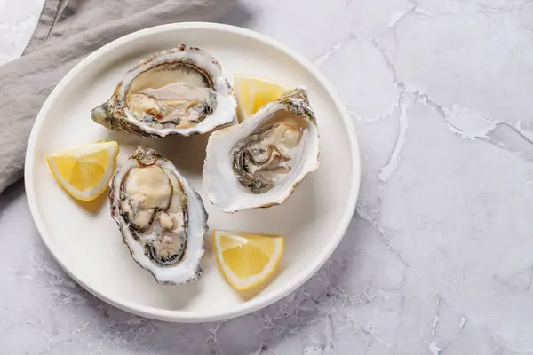 Fresh Oysters Lemon Plate Copy Space Stock Photo