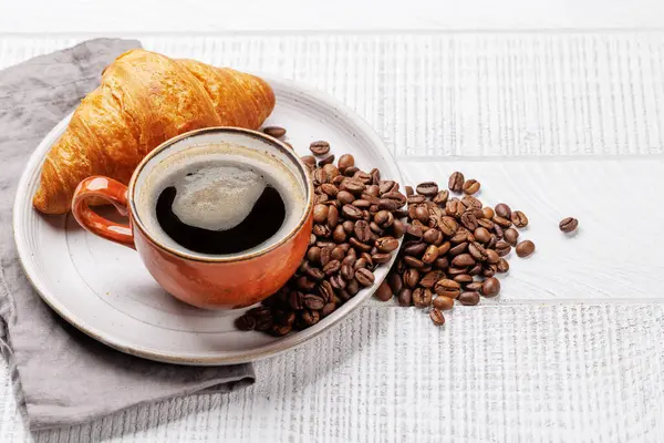 Caffè Cappuccino Croissant Fresco Sul Tavolo Legno Con Spazio Copia — Foto Stock