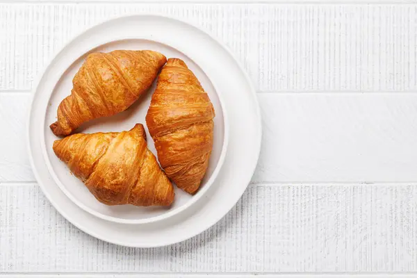 Friss Croissant Tányéron Lapos Fekvésű Fénymásoló Stock Kép