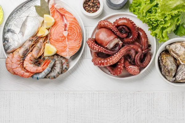 Seafood Platter Delight Shrimps Salmon Oysters Galore Flat Lay Copy Royalty Free Stock Images