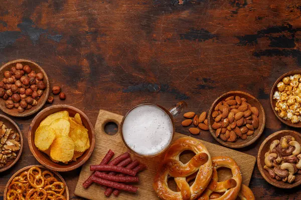 Assorted Beer Stands Chips Nuts Pretzels Diverse Options Refreshment Flat Stock Image