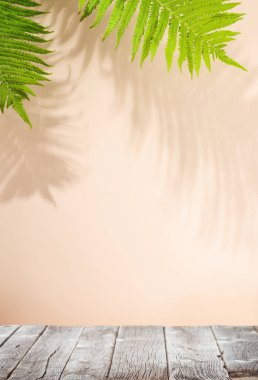 Boş tablo ve yaprak gölgeli duvar şablonu, ürün sunumu ve maketi için mükemmel