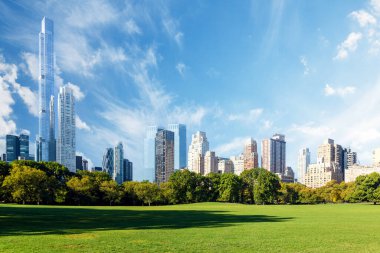 Manhattan gökdelenleri ve Central Park yeşil çayırları görkemli güneşli gökyüzü