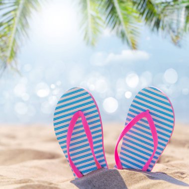 Sahilde parmak arası terlikler, kopyalanmış bir yaz tatili.