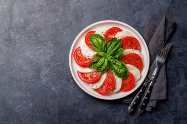 Canlı ve iştah açıcı bir Caprese antipasti sergisi içinde olgun domatesler, taze mozarella ve aromatik fesleğen yaprakları var. Kopyalama alanı olan düz