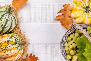 Autumn-themed food arrangement with pumpkins, pears, grapes, and autumn leaves on a table, creating a cozy seasonal atmosphere. Includes copy space for your content clipart