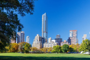 Güneşli bir sonbahar gününde New York 'taki Central Park' ta canlı bir sonbahar yeşilliği ve açık mavi gökyüzü parkın doğal güzelliğini gözler önüne seriyor.