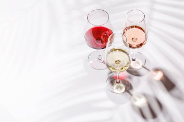 Kırmızı, beyaz ve gül şarabıyla dolu üç şarap kadehi parlak, minimalist arka planda zarif bir şekilde duruyor. Şarabın çeşitliliğinin ve zarafetinin canlı bir gösterisi.