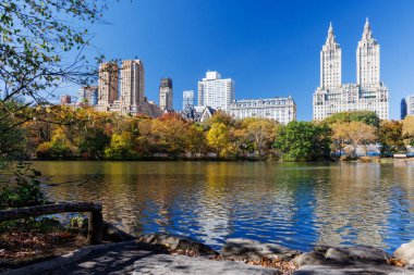 Güneşli bir sonbahar gününde New York 'taki Central Park' ta canlı bir sonbahar yeşilliği ve açık mavi gökyüzü parkın doğal güzelliğini gözler önüne seriyor.