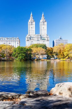 Güneşli bir sonbahar gününde New York 'taki Central Park' ta canlı bir sonbahar yeşilliği ve açık mavi gökyüzü parkın doğal güzelliğini gözler önüne seriyor.