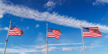 Güneşli gökyüzünde dalgalanan Amerikan bayrakları, canlı renklerle vatanseverlik gururu sergiliyor.