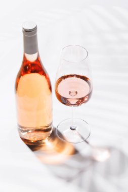 Parlak ve zarif bir zemin üzerine kurulmuş allık pembesi içecekle dolu bir bardak ile eşleştirilmiş bir gül şarabı şişesi. Kutlamalar ya da rahat anlar için mükemmel