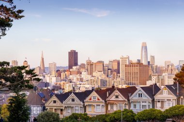 San Francisco 'daki Pastel renkli kadınların akşam fotoğrafı, Alacakaranlık' ın yumuşak tonlarını gösteriyor Viktorya döneminden kalma evlerin üzerinde şehrin ufuk çizgisi ve ön planda çiçekler