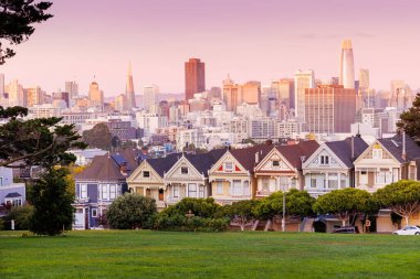 San Francisco 'daki Pastel renkli kadınların akşam fotoğrafı, Alacakaranlık' ın yumuşak tonlarını gösteriyor Viktorya döneminden kalma evlerin üzerinde şehrin ufuk çizgisi ve ön planda çiçekler