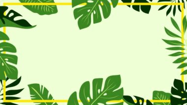 Yeşil arka planda görünen ve el sallayan tropik yapraklar. Sarı çerçeve. Doğa görüntüleri, 2D düz vektör grafiği. Kopya alanı ile 4k botanik çerçeve şablonu.