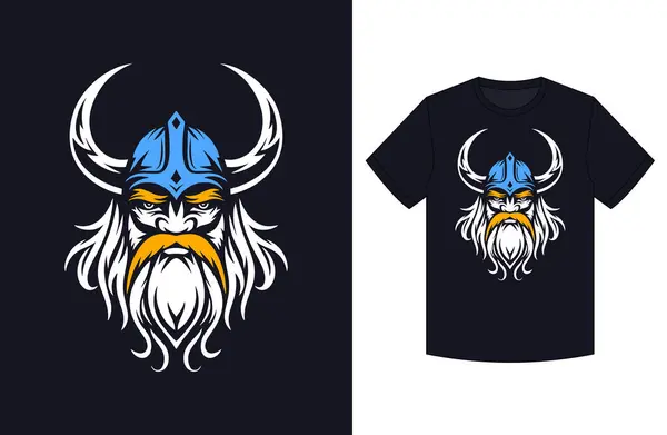 Σκανδιναβική Viking Κεφάλι Shirt Σχεδιασμό Εκτύπωση Ισχυρή Γενειοφόρος Και Μουστάρδα Εικονογράφηση Αρχείου
