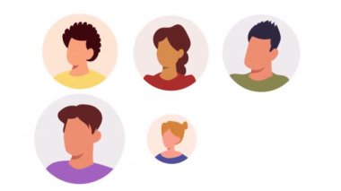Şeffaf arka planda hareket eden bir grup insan. İnsanlar avatar yuvarlak ikon seti. Sosyal takım çalışması çizgi film animasyonu. 4K Video, alfa kanalı.