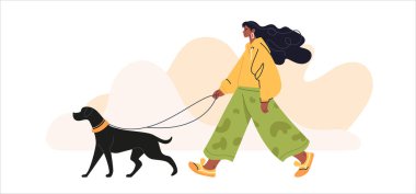 Stylish Afro-American girl walking with a large black dog. She wears trendy clothes, and her hair flows in the wind. Vector art, dynamic and minimalistic. clipart