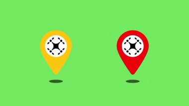 İHA ikonlu iki lokasyon iğnesi, biri sarı ve biri kırmızı, pürüzsüz ölçeklendirme efektiyle ortaya çıkıyor, zıplıyor. Modern bir GPS navigasyon ve İHA iniş konsepti. 4K animasyon videosu. Alfa kanalı